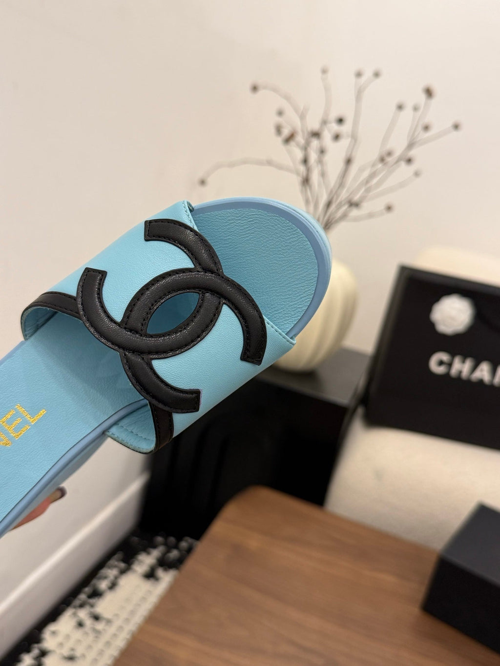 CHANEL 26S WEDGE SANDALS 95 MM IN PASTEL BLUE CALFSKIN