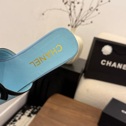 CHANEL 26S WEDGE SANDALS 95 MM IN PASTEL BLUE CALFSKIN
