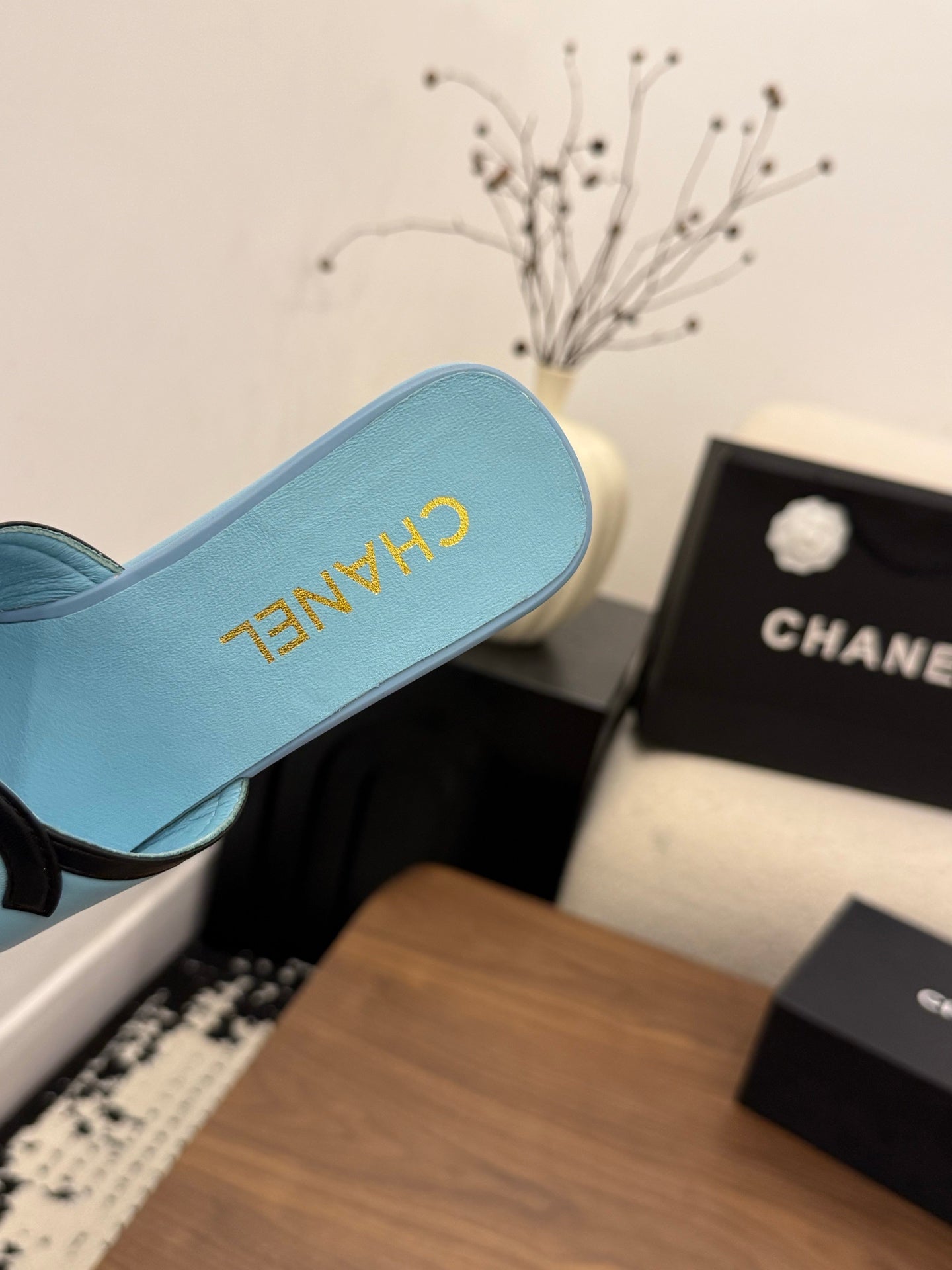 CHANEL 26S WEDGE SANDALS 95 MM IN PASTEL BLUE CALFSKIN