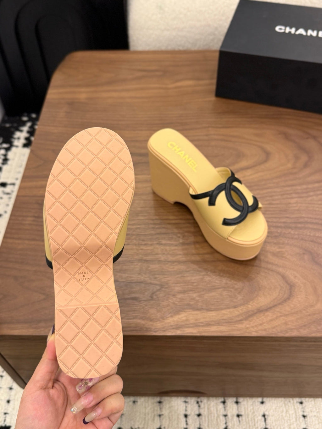 CHANEL 26S WEDGE SANDALS 95 MM IN PASTEL YELLOW CALFSKIN