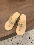 CHANEL 26S THONG SANDALS IN BEIGE CALFSKIN WITH RHINESTONE CC LOGO
