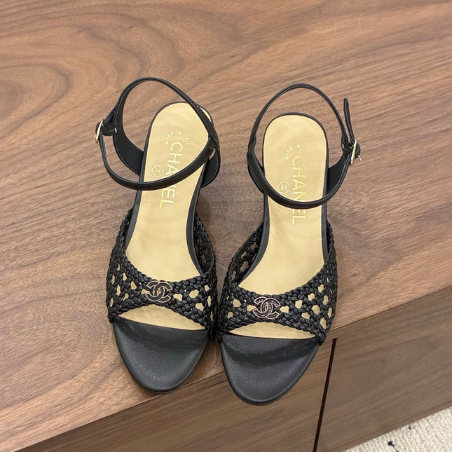 CHANEL 26S HIGH-HEELED BACK-STRAP SANDALS 60 MM IN BLACK WOVEN LAMBSKIN