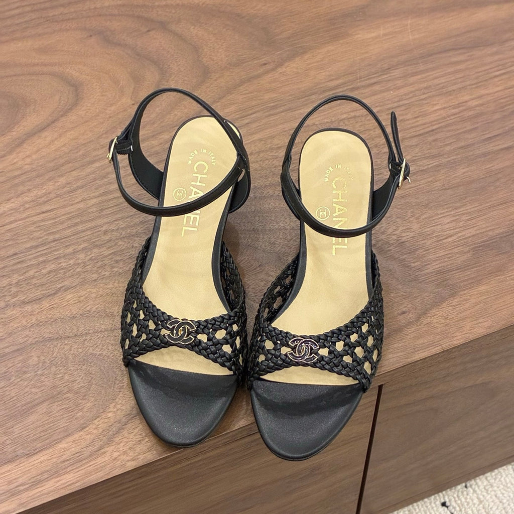 CHANEL 26S HIGH-HEELED BACK-STRAP SANDALS 60 MM IN BLACK WOVEN LAMBSKIN