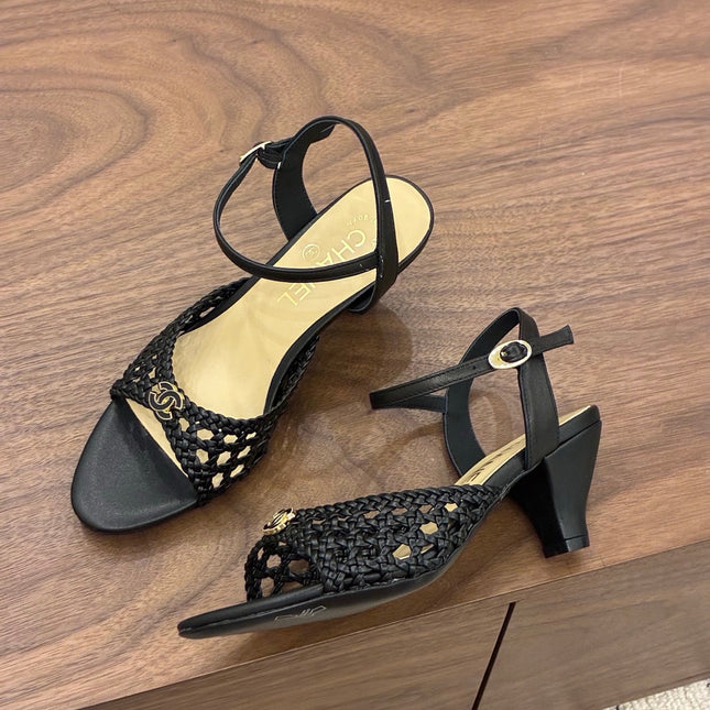CHANEL 26S HIGH-HEELED BACK-STRAP SANDALS 60 MM IN BLACK WOVEN LAMBSKIN