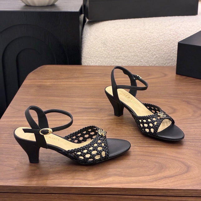 CHANEL 26S HIGH-HEELED BACK-STRAP SANDALS 60 MM IN BLACK WOVEN LAMBSKIN