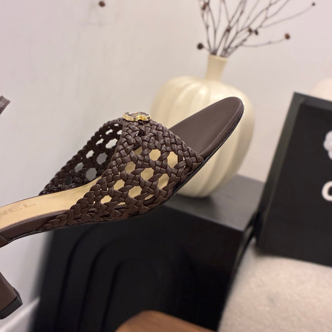 CHANEL 26S HIGH-HEELED BACK-STRAP SANDALS 60 MM IN DARK BROWN WOVEN LAMBSKIN