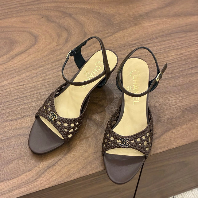 CHANEL 26S HIGH-HEELED BACK-STRAP SANDALS 60 MM IN DARK BROWN WOVEN LAMBSKIN
