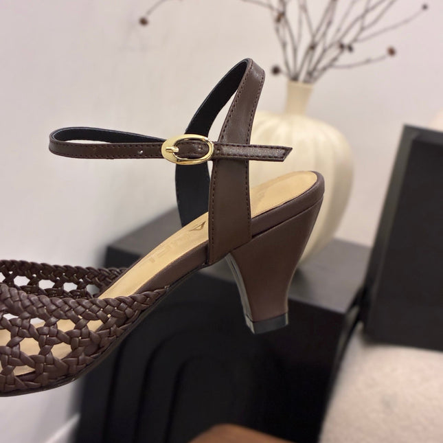 CHANEL 26S HIGH-HEELED BACK-STRAP SANDALS 60 MM IN DARK BROWN WOVEN LAMBSKIN