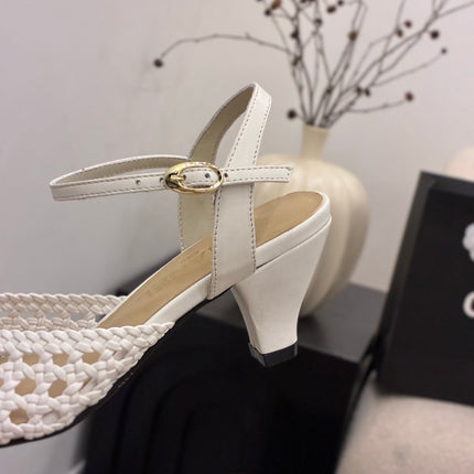 CHANEL 26S HIGH-HEELED BACK-STRAP SANDALS 60 MM IN WHITE WOVEN LAMBSKIN