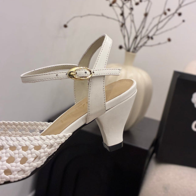 CHANEL 26S HIGH-HEELED BACK-STRAP SANDALS 60 MM IN WHITE WOVEN LAMBSKIN