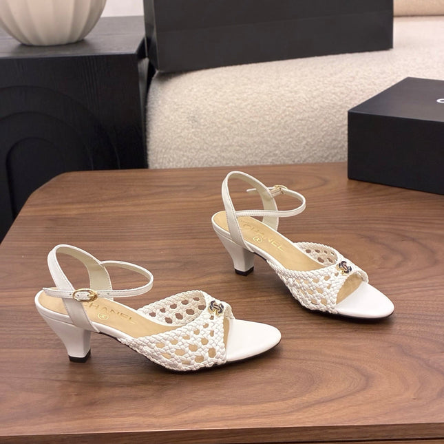 CHANEL 26S HIGH-HEELED BACK-STRAP SANDALS 60 MM IN WHITE WOVEN LAMBSKIN