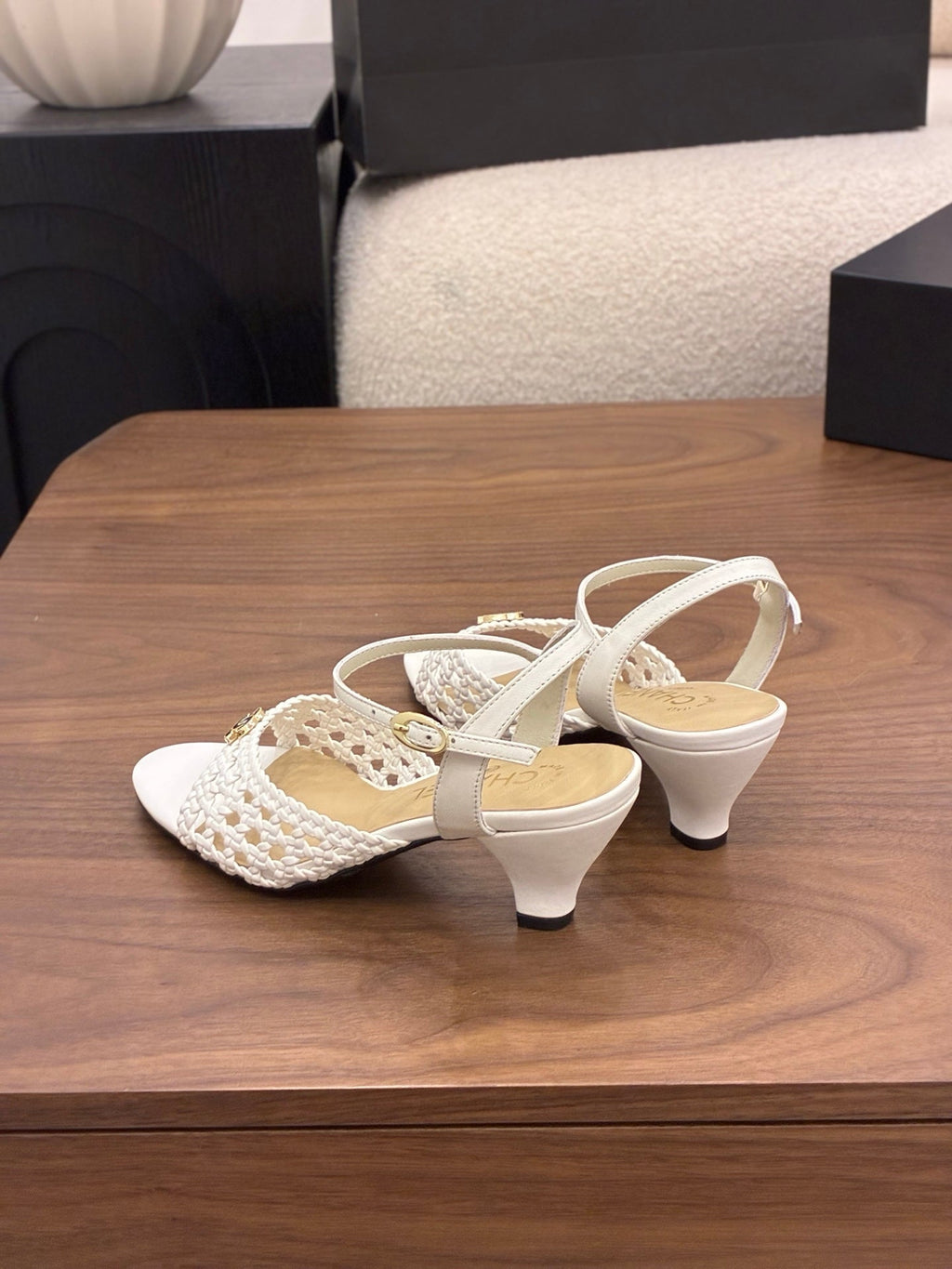 CHANEL 26S HIGH-HEELED BACK-STRAP SANDALS 60 MM IN WHITE WOVEN LAMBSKIN