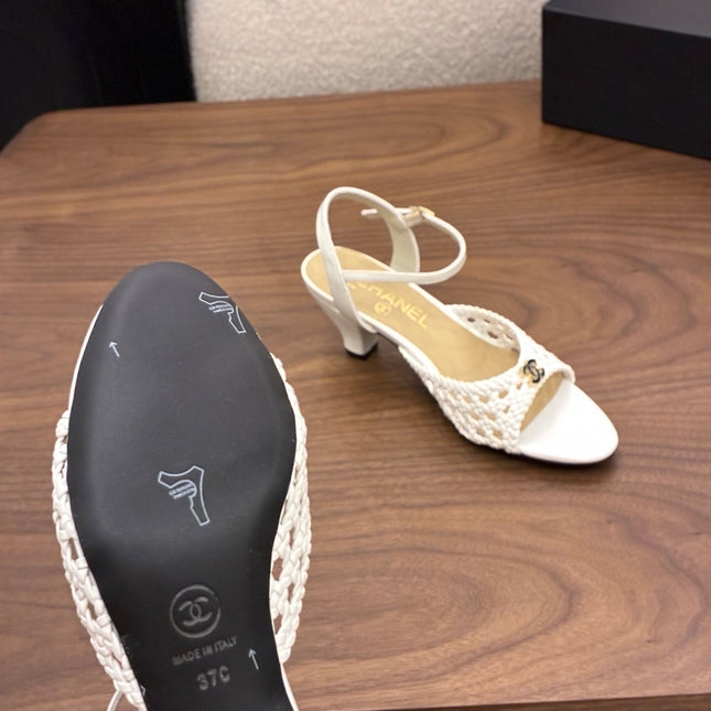 CHANEL 26S HIGH-HEELED BACK-STRAP SANDALS 60 MM IN WHITE WOVEN LAMBSKIN