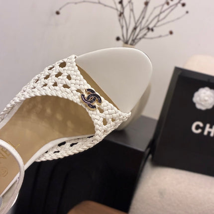 CHANEL 26S HIGH-HEELED BACK-STRAP SANDALS 60 MM IN WHITE WOVEN LAMBSKIN