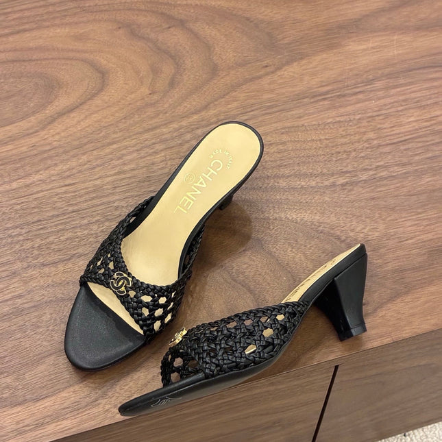 CHANEL 26S HIGH HEELS SANDALS 60 MM IN BLACK WOVEN LAMBSKIN