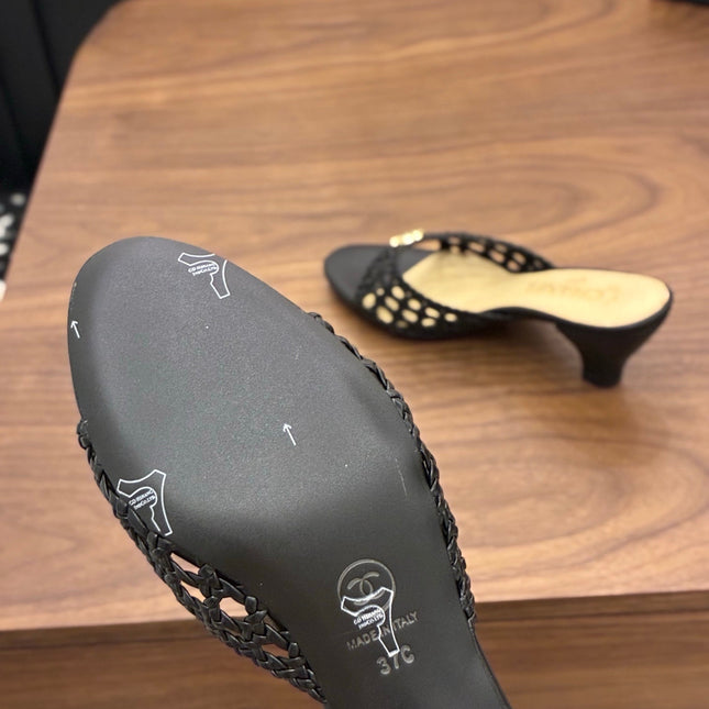 CHANEL 26S HIGH HEELS SANDALS 60 MM IN BLACK WOVEN LAMBSKIN