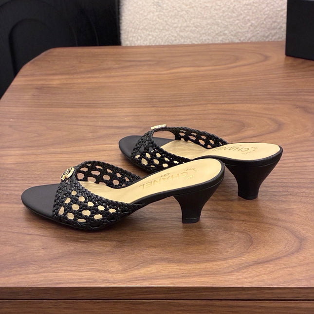 CHANEL 26S HIGH HEELS SANDALS 60 MM IN BLACK WOVEN LAMBSKIN
