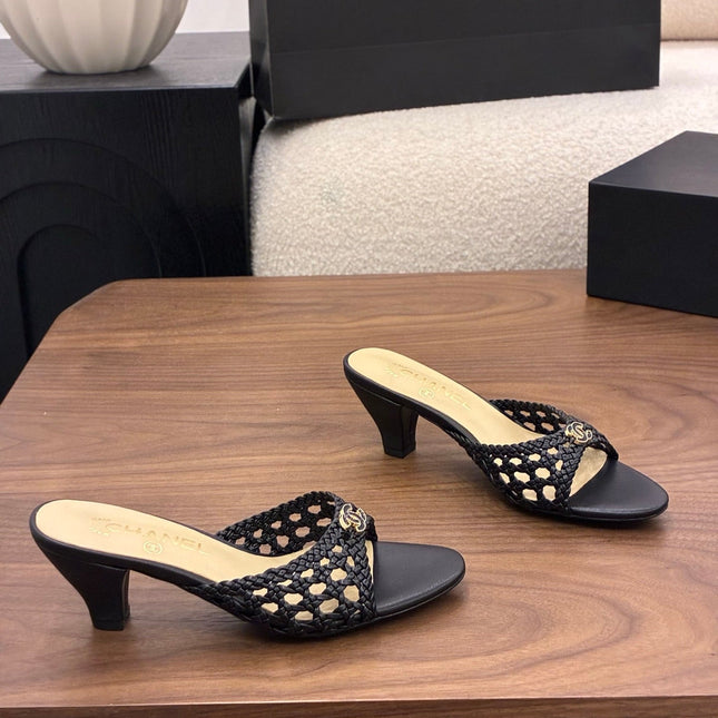 CHANEL 26S HIGH HEELS SANDALS 60 MM IN BLACK WOVEN LAMBSKIN