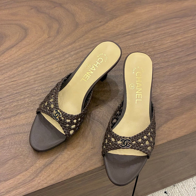CHANEL 26S HIGH HEELS SANDALS 60 MM IN DARK BROWN WOVEN LAMBSKIN