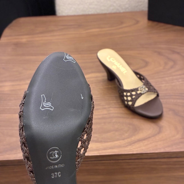 CHANEL 26S HIGH HEELS SANDALS 60 MM IN DARK BROWN WOVEN LAMBSKIN
