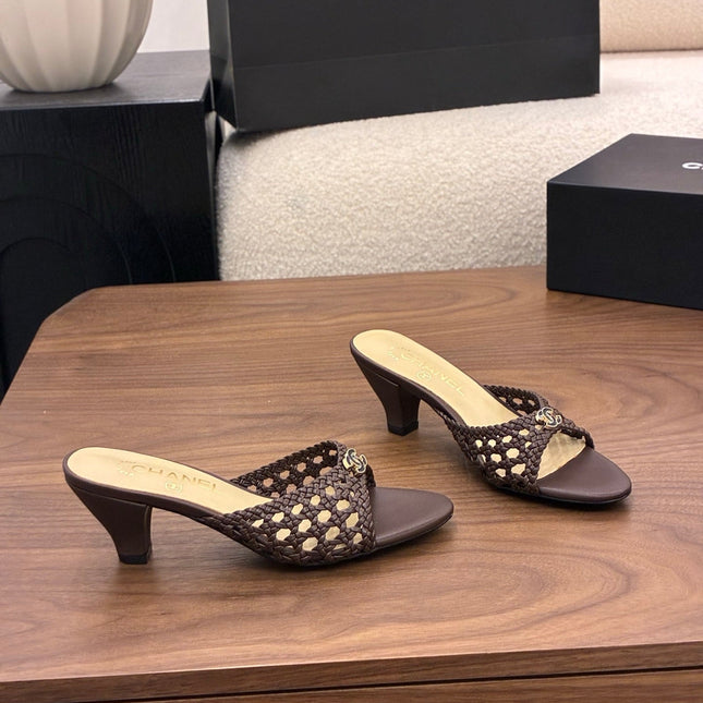 CHANEL 26S HIGH HEELS SANDALS 60 MM IN DARK BROWN WOVEN LAMBSKIN