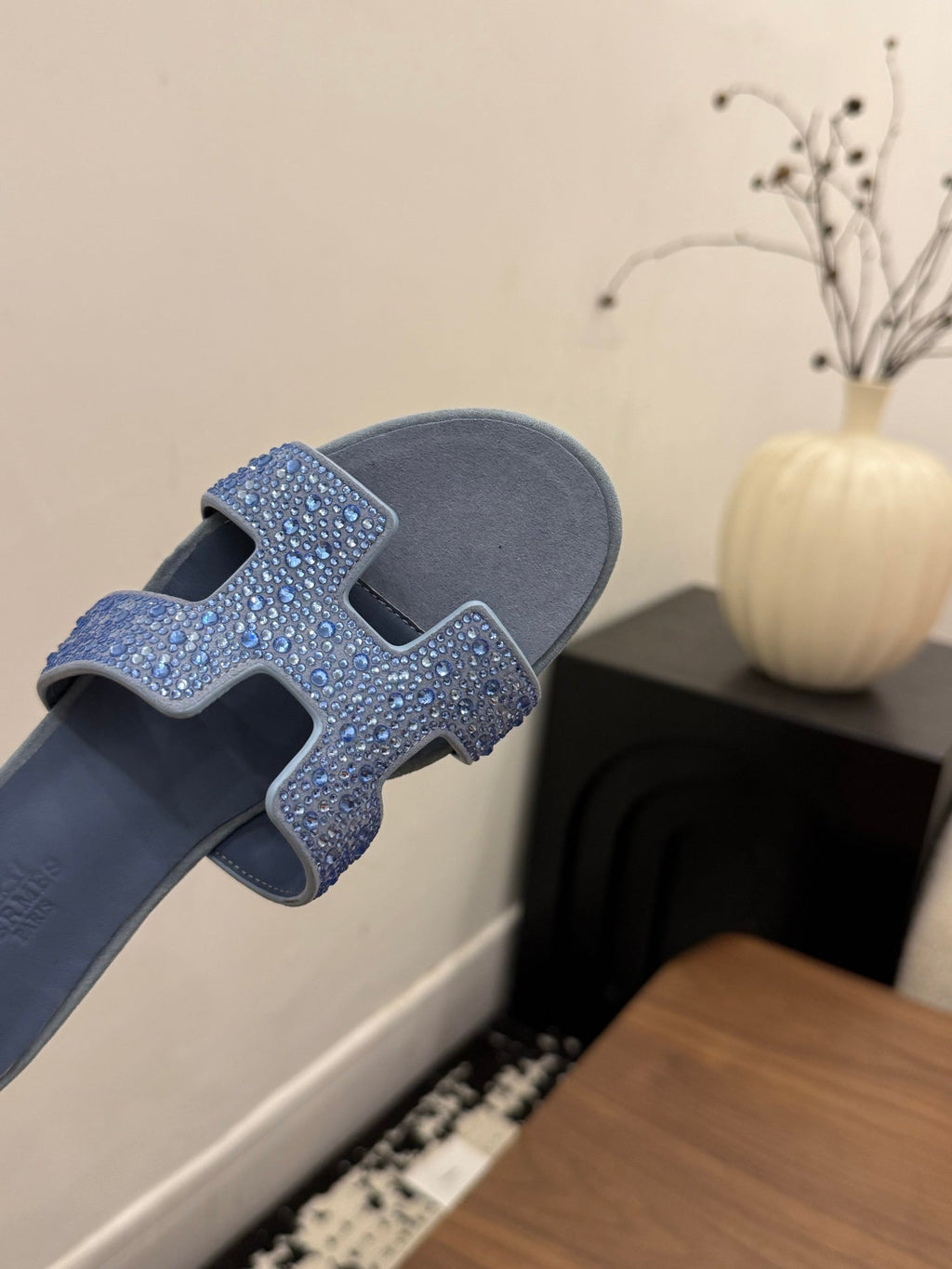 HM 26S OASIS SANDAL IN DUSTY BLUE SUEDE WITH CRYSTALS