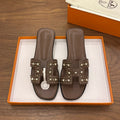 HM 26S ORAN STUDDED SANDALS IN DARK BROWN CALFSKIN