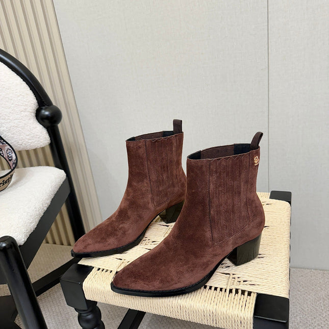 DIOR 26S BLOCK HEEL CHELSEA ANKLE BOOTS IN DARK BROWN SUEDE