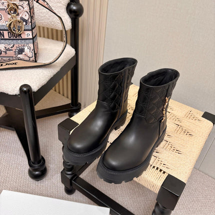 DIOR 26S QUILTED LUG SOLE SHORT MID-CALF BOOTS IN BLACK CALFSKIN GOLD HARDWARE