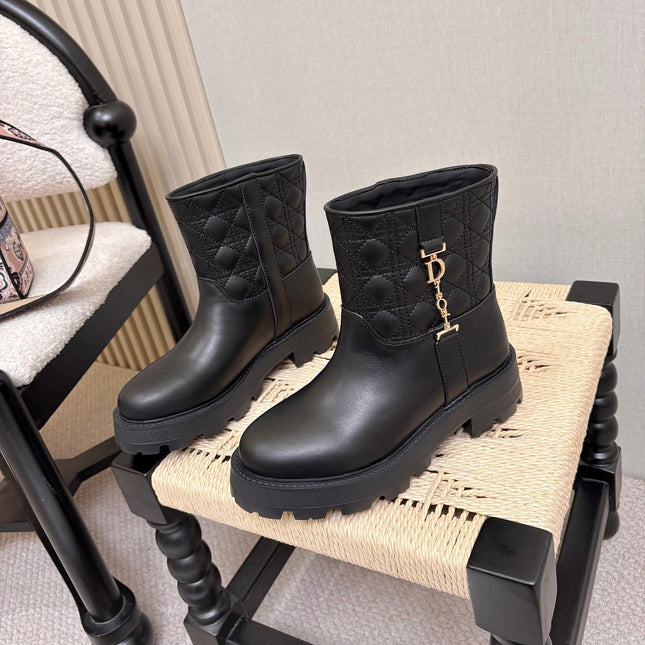 DIOR 26S QUILTED LUG SOLE SHORT MID-CALF BOOTS IN BLACK CALFSKIN GOLD HARDWARE