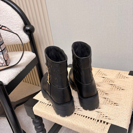 DIOR 26S QUILTED LUG SOLE SHORT MID-CALF BOOTS IN BLACK CALFSKIN GOLD HARDWARE