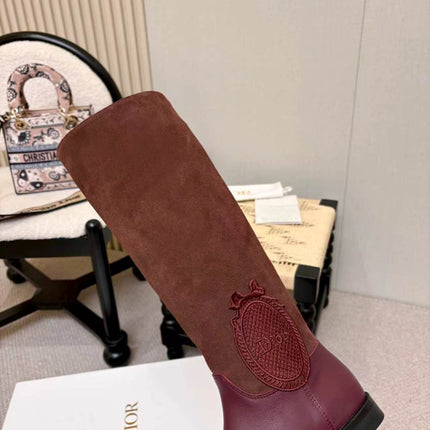 DIOR 26S FLAT OVER-THE-KNEE BOOTS IN BURGUNDY RED SUEDE AND CALFSKIN