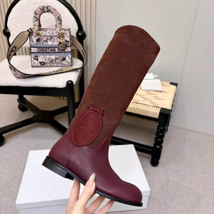 DIOR 26S FLAT OVER-THE-KNEE BOOTS IN BURGUNDY RED SUEDE AND CALFSKIN