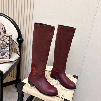 DIOR 26S FLAT OVER-THE-KNEE BOOTS IN BURGUNDY RED SUEDE AND CALFSKIN