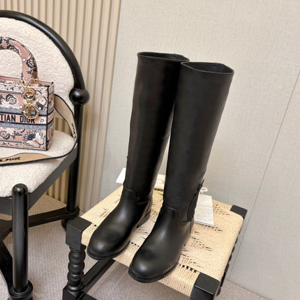 DIOR 26S FLAT OVER-THE-KNEE BOOTS IN BLACK CALFSKIN