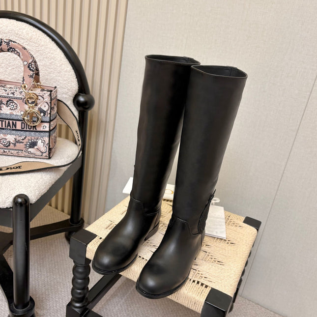 DIOR 26S FLAT OVER-THE-KNEE BOOTS IN BLACK CALFSKIN