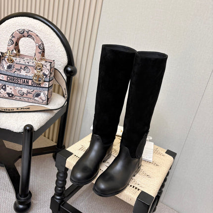 DIOR 26S FLAT OVER-THE-KNEE BOOTS IN BLACK SUEDE AND CALFSKIN