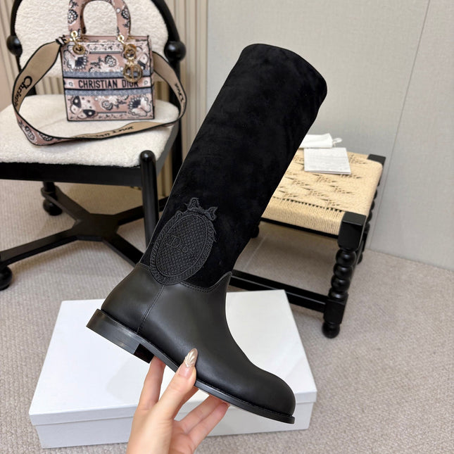 DIOR 26S FLAT OVER-THE-KNEE BOOTS IN BLACK SUEDE AND CALFSKIN