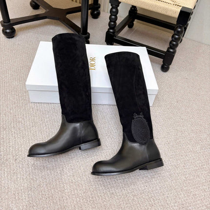 DIOR 26S FLAT OVER-THE-KNEE BOOTS IN BLACK SUEDE AND CALFSKIN