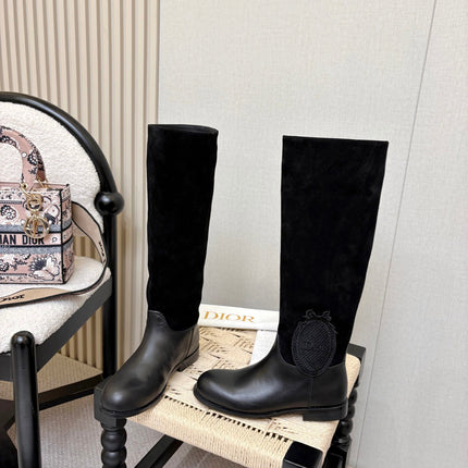 DIOR 26S FLAT OVER-THE-KNEE BOOTS IN BLACK SUEDE AND CALFSKIN