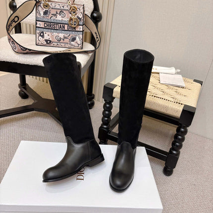 DIOR 26S FLAT OVER-THE-KNEE BOOTS IN BLACK SUEDE AND CALFSKIN
