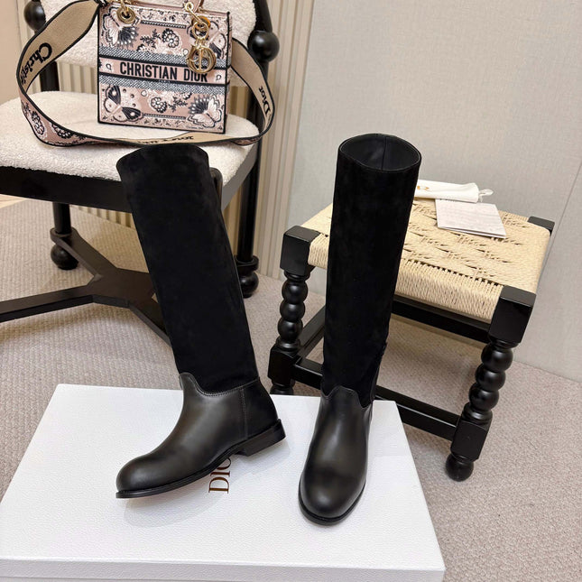 DIOR 26S FLAT OVER-THE-KNEE BOOTS IN BLACK SUEDE AND CALFSKIN