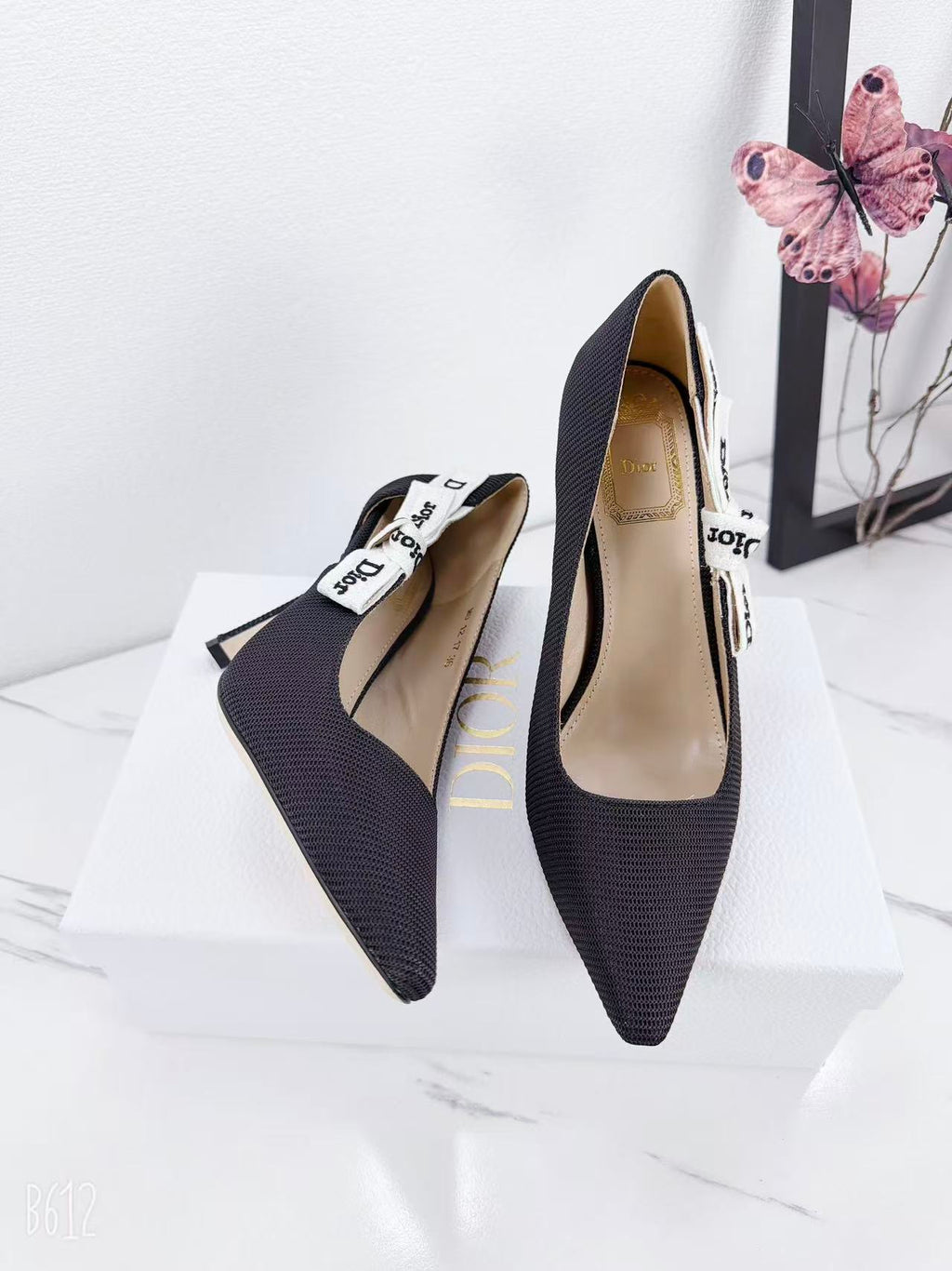 DIOR 26S KITTEN-HEEL PUMP 95MM IN BLACK FABRIC WITH BOW