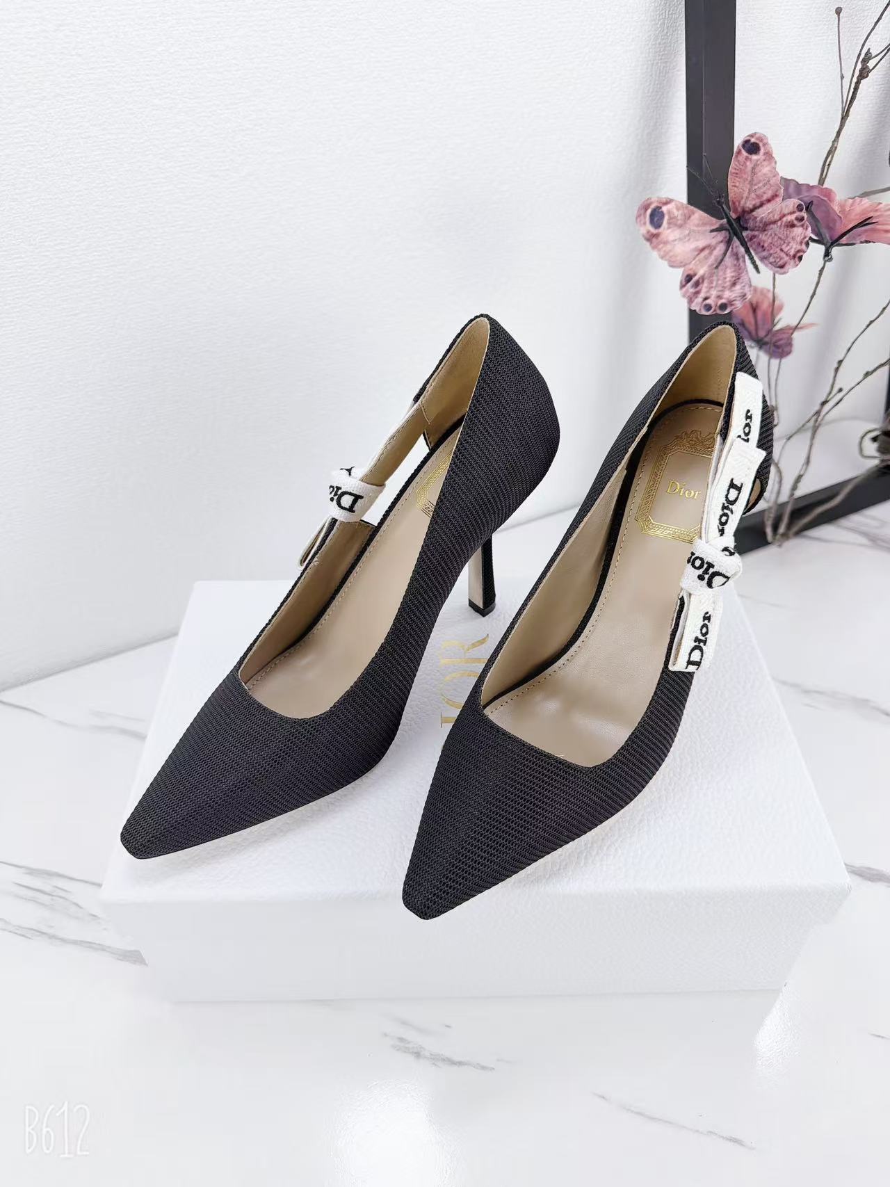 DIOR 26S KITTEN-HEEL PUMP 95MM IN BLACK FABRIC WITH BOW