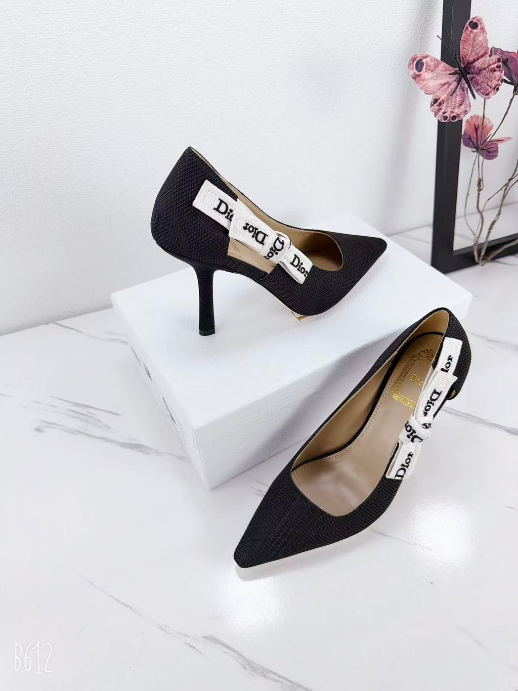DIOR 26S KITTEN-HEEL PUMP 95MM IN BLACK FABRIC WITH BOW