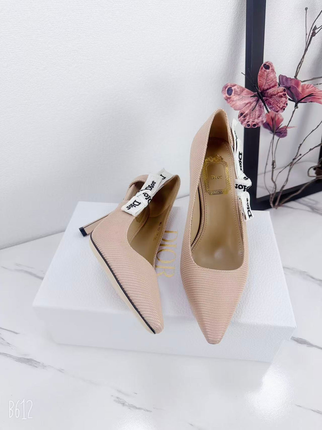 DIOR 26S KITTEN-HEEL PUMP 95MM IN NUDE PINK FABRIC WITH BOW