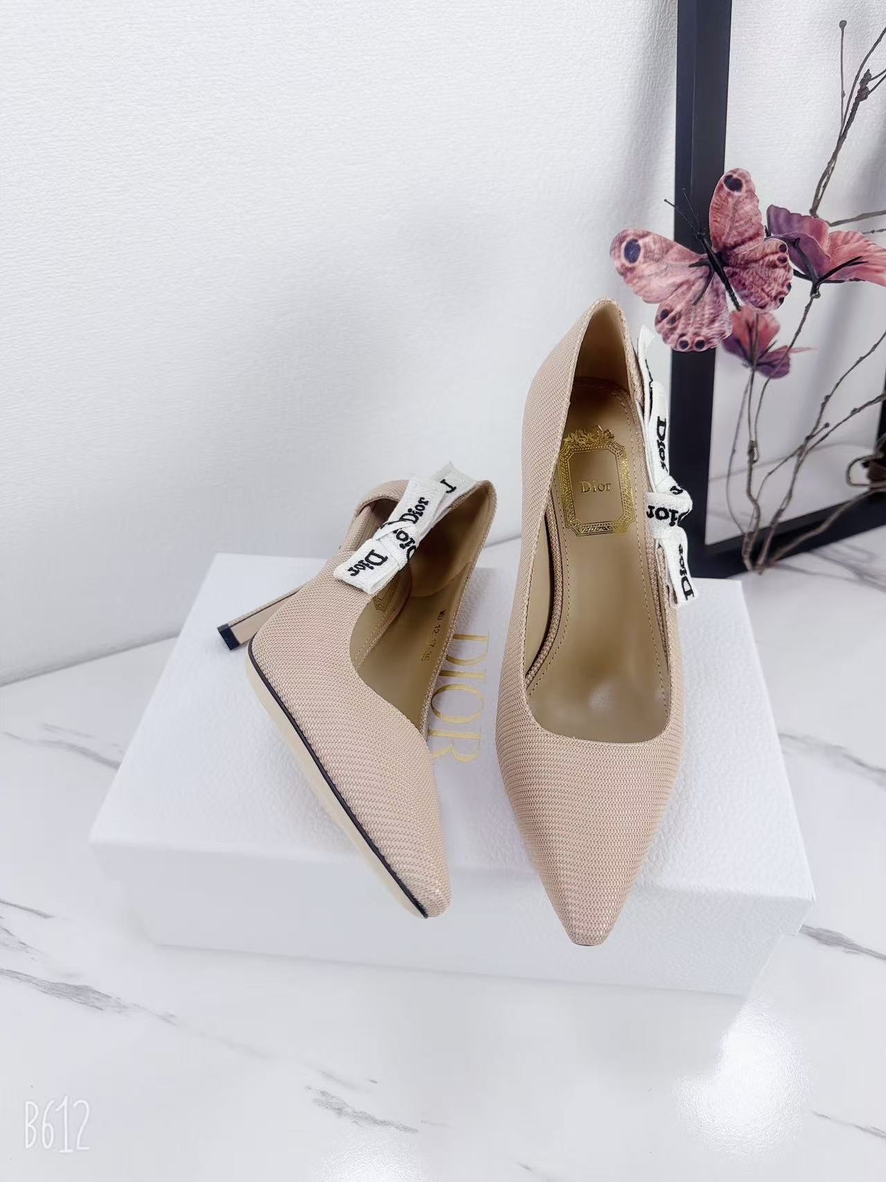DIOR 26S KITTEN-HEEL PUMP 95MM IN NUDE PINK FABRIC WITH BOW