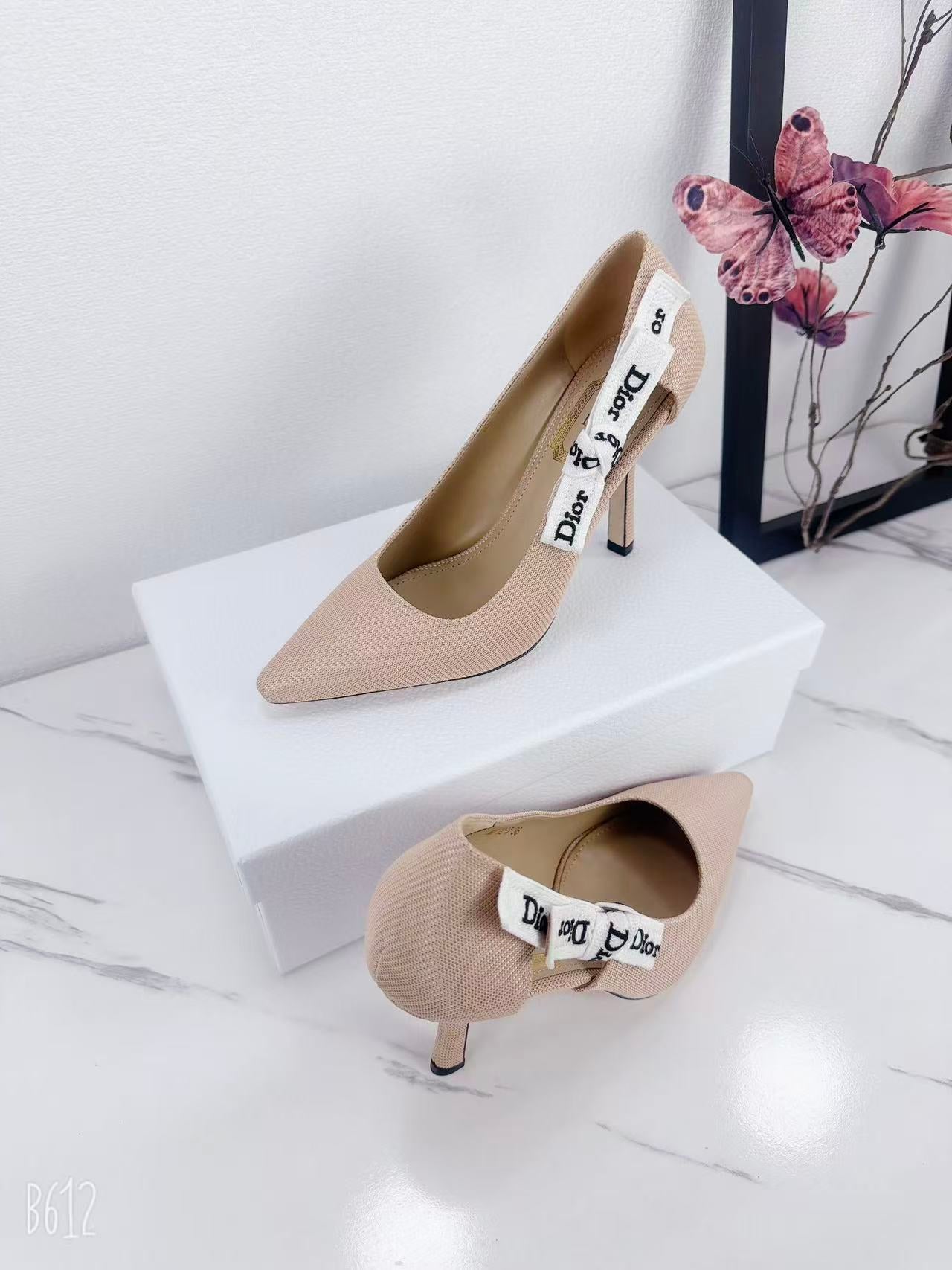 DIOR 26S KITTEN-HEEL PUMP 95MM IN NUDE PINK FABRIC WITH BOW