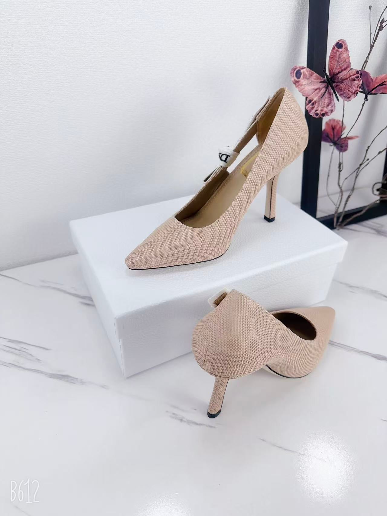 DIOR 26S KITTEN-HEEL PUMP 95MM IN NUDE PINK FABRIC WITH BOW