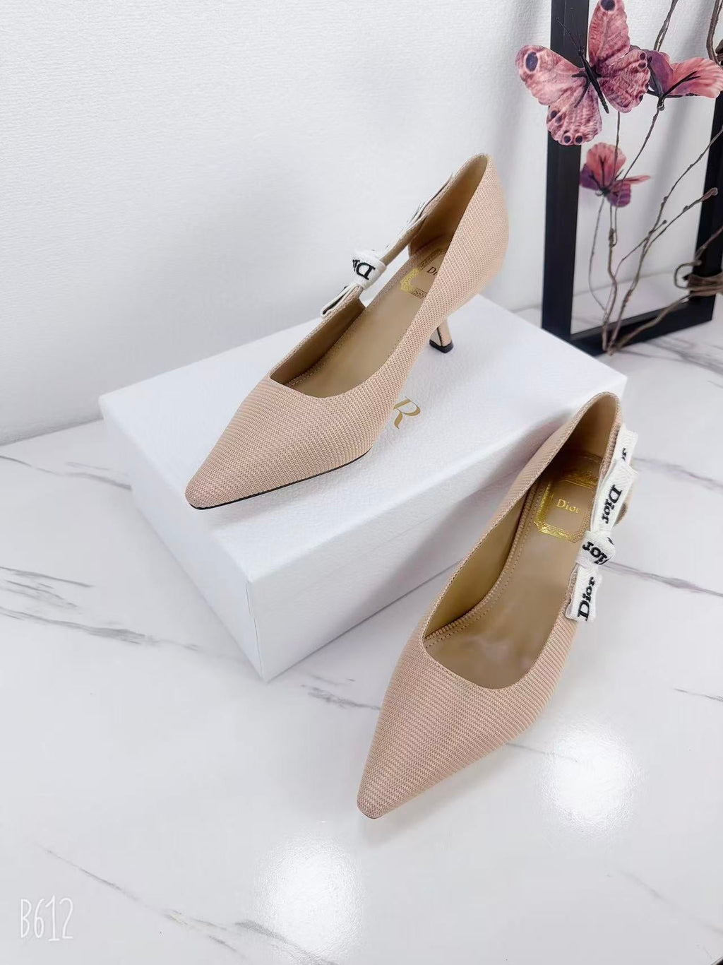 DIOR 26S KITTEN-HEEL PUMP 65MM IN NUDE PINK FABRIC WITH BOW